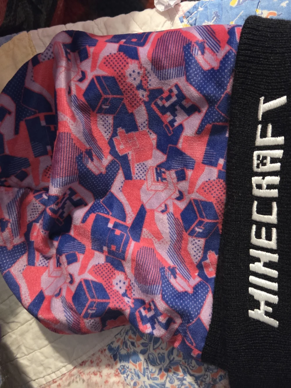 Minecraft Pink & Blue Pom-Top Beanie with Black Cuff 15+ Teen/Adult