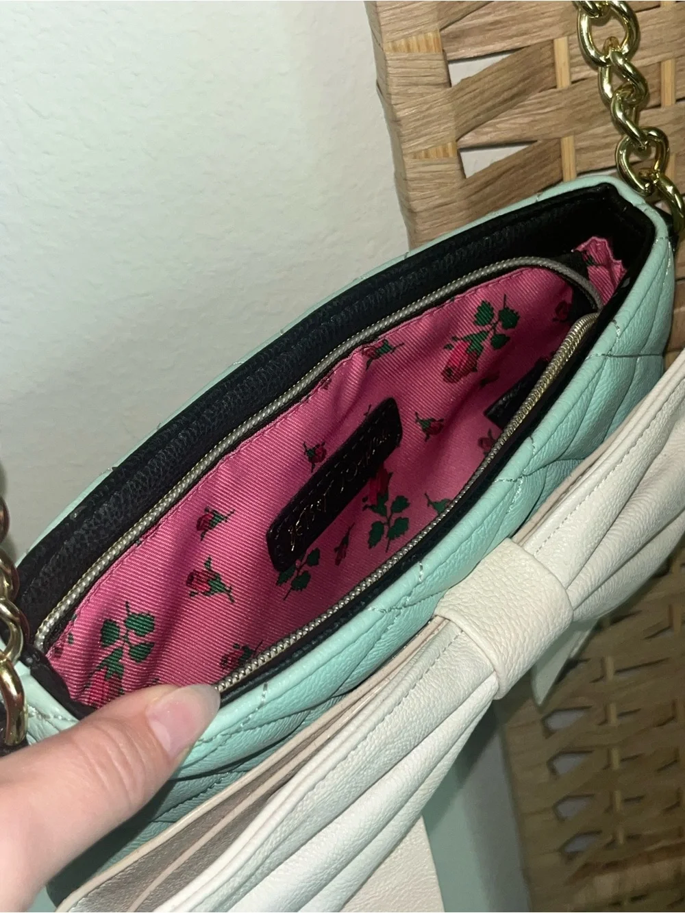 Betsey Johnson Mint Quilted Crossbody with Cream Bow