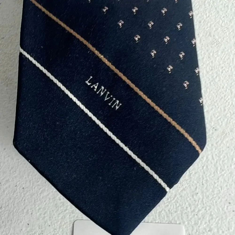 Lanvin Paris Necktie Men's Navy Blue Striped Pin Dot Logo