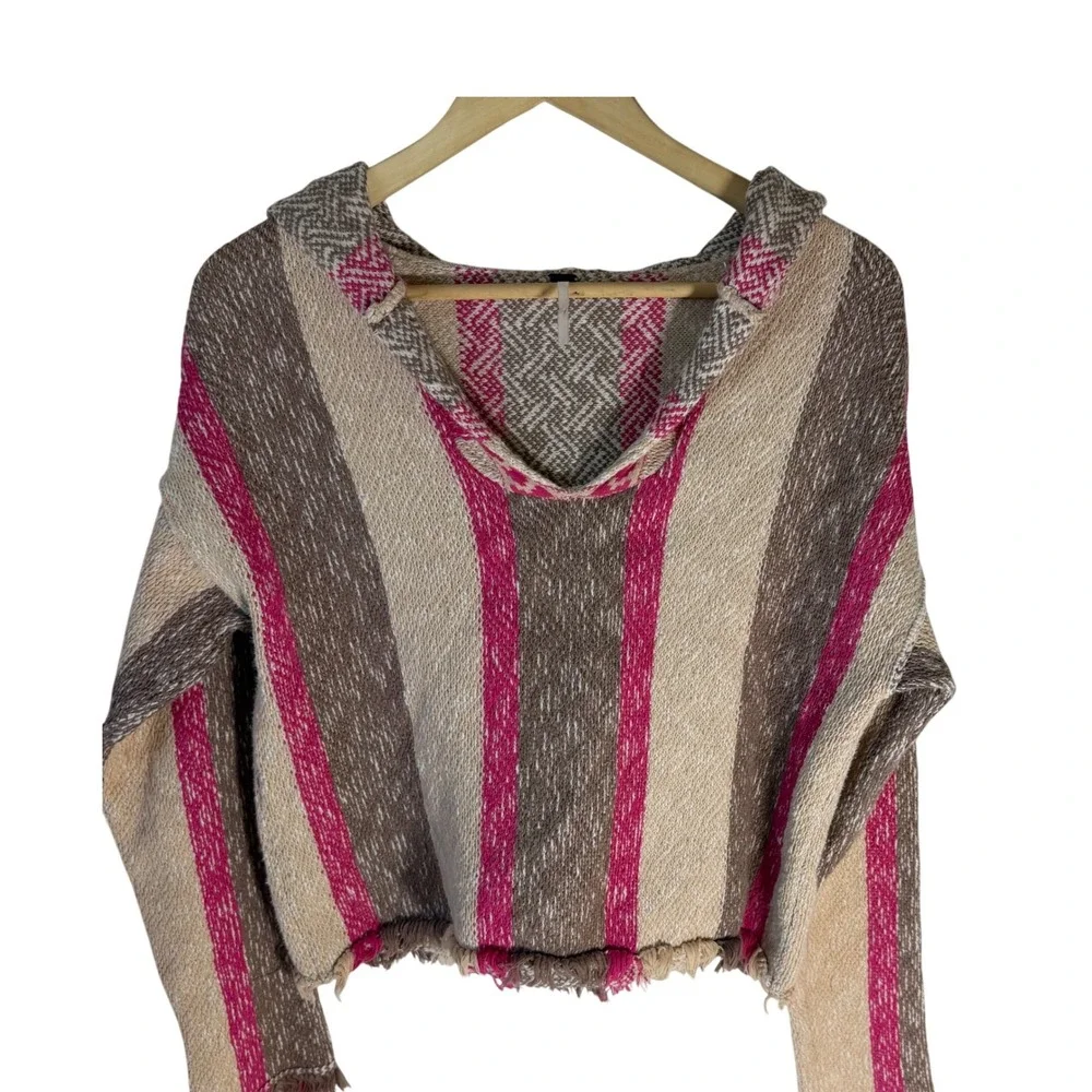 Free People Baja Hoodie Pink Tan Striped Fringed Cropped Pullover Woven‎ Sz S