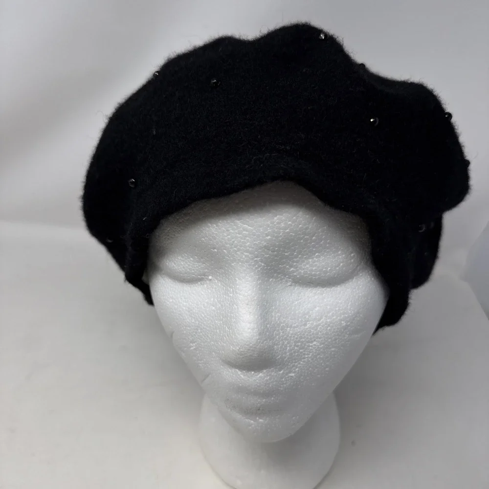 Kathy Jeanne Beret Wool Beanie Tam Hat Black Beaded