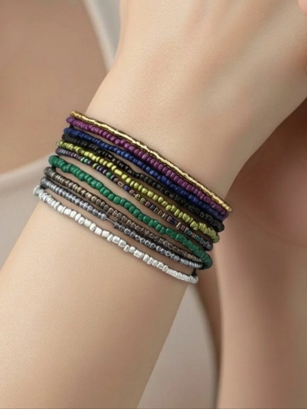 Mixed Metallic Seed Bead Bracelet Set 10 Pack Stretch Stacking Boho Jewelry Set