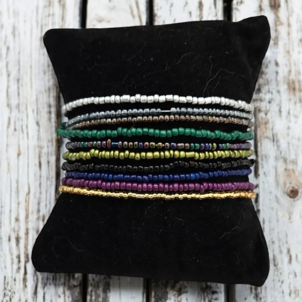 Mixed Metallic Seed Bead Bracelet Set 10 Pack Stretch Stacking Boho Jewelry Set