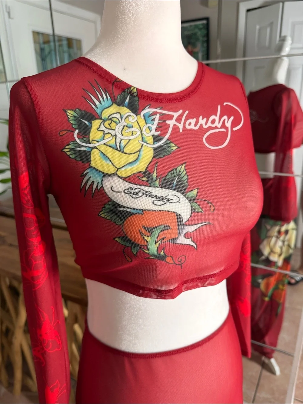 Ed Hardy Mesh Red Long-Sleeve Floral Graphic Two-Piece Beach Maxi Dress
