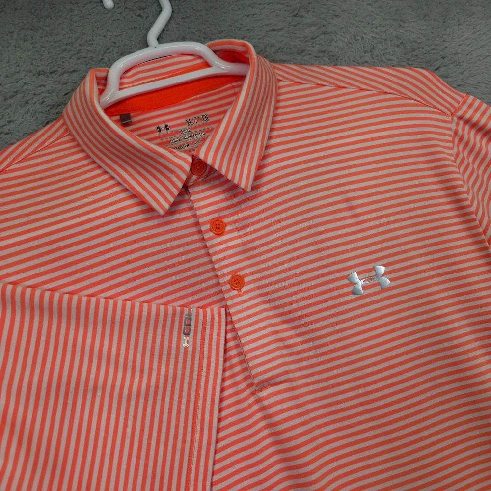 Under Armour Golf Polo Shirt Mens XL Orange Green Striped Stretch Sports Outdoor