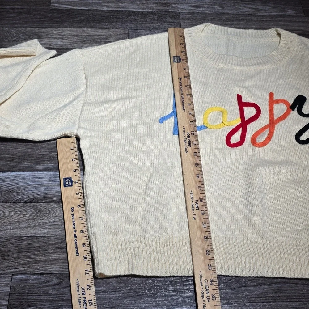 Shein Curve Women's 3XL Cream‎ Happy Graphic Crew Neck Pullover Sweater