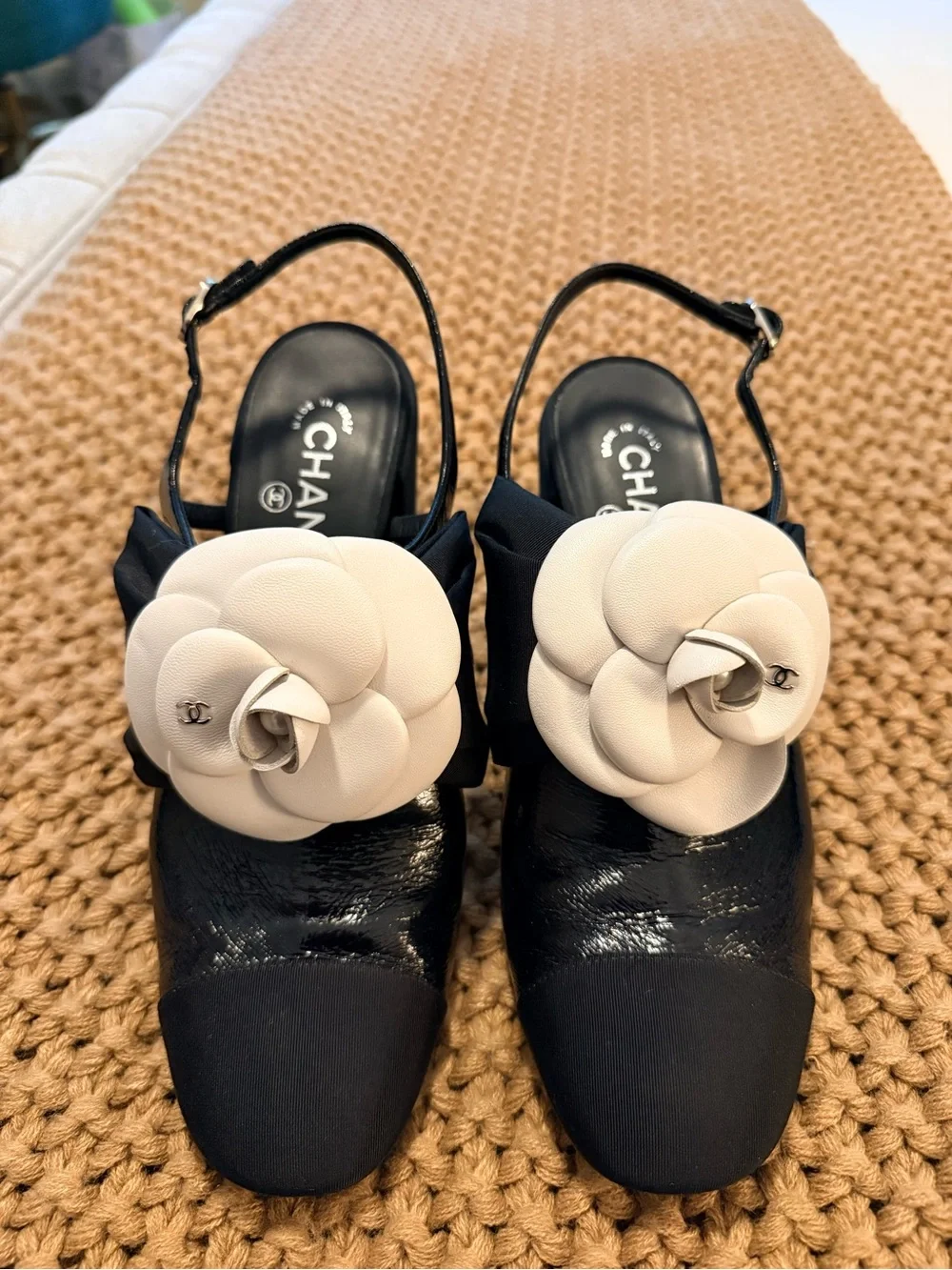 CHANEL Black Slingback Mules with White Camellia Flower