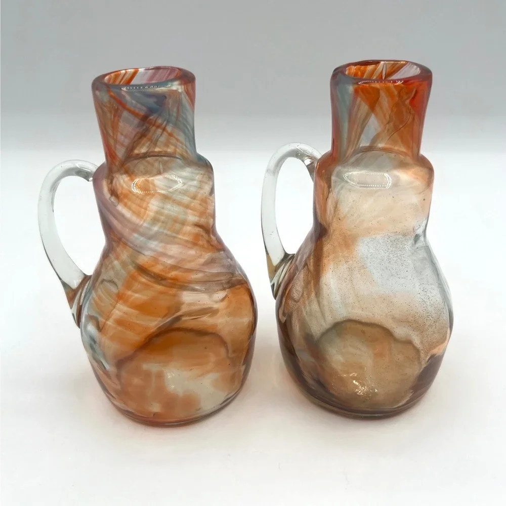 Hand Blown Art Glass Cruet with Applied Handle,‎ Swirl Design, Set of 2