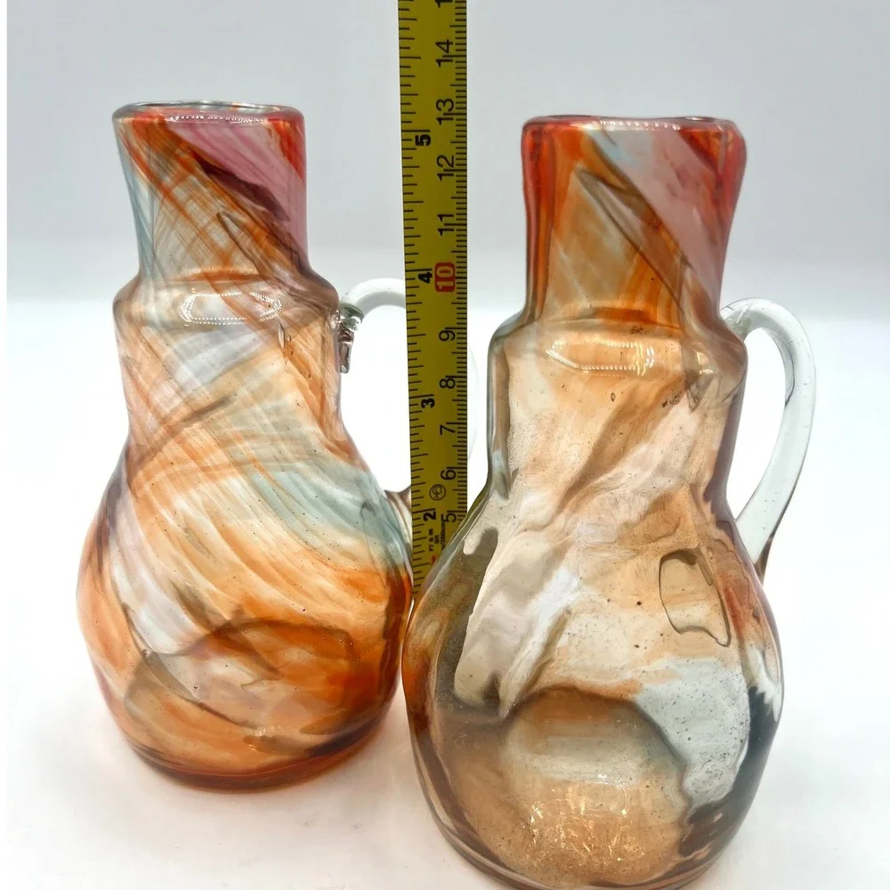 Hand Blown Art Glass Cruet with Applied Handle,‎ Swirl Design, Set of 2