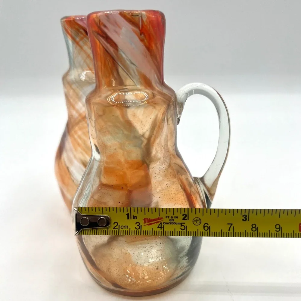Hand Blown Art Glass Cruet with Applied Handle,‎ Swirl Design, Set of 2
