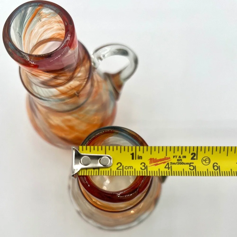 Hand Blown Art Glass Cruet with Applied Handle,‎ Swirl Design, Set of 2