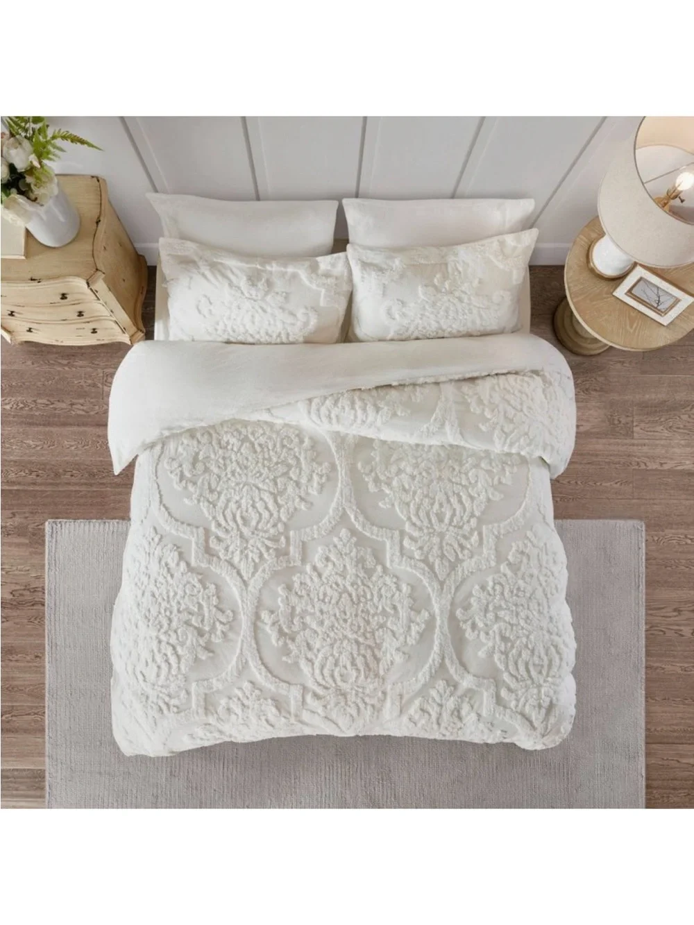 3pc Full/Queen Eugenia Cotton Damask Com forter Set White