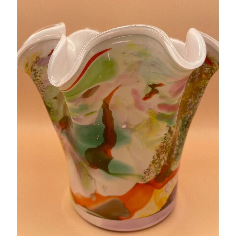 Stunning Josefina Krosno Hand Blown Glass Multi Colored Handkerchief Vase- USED