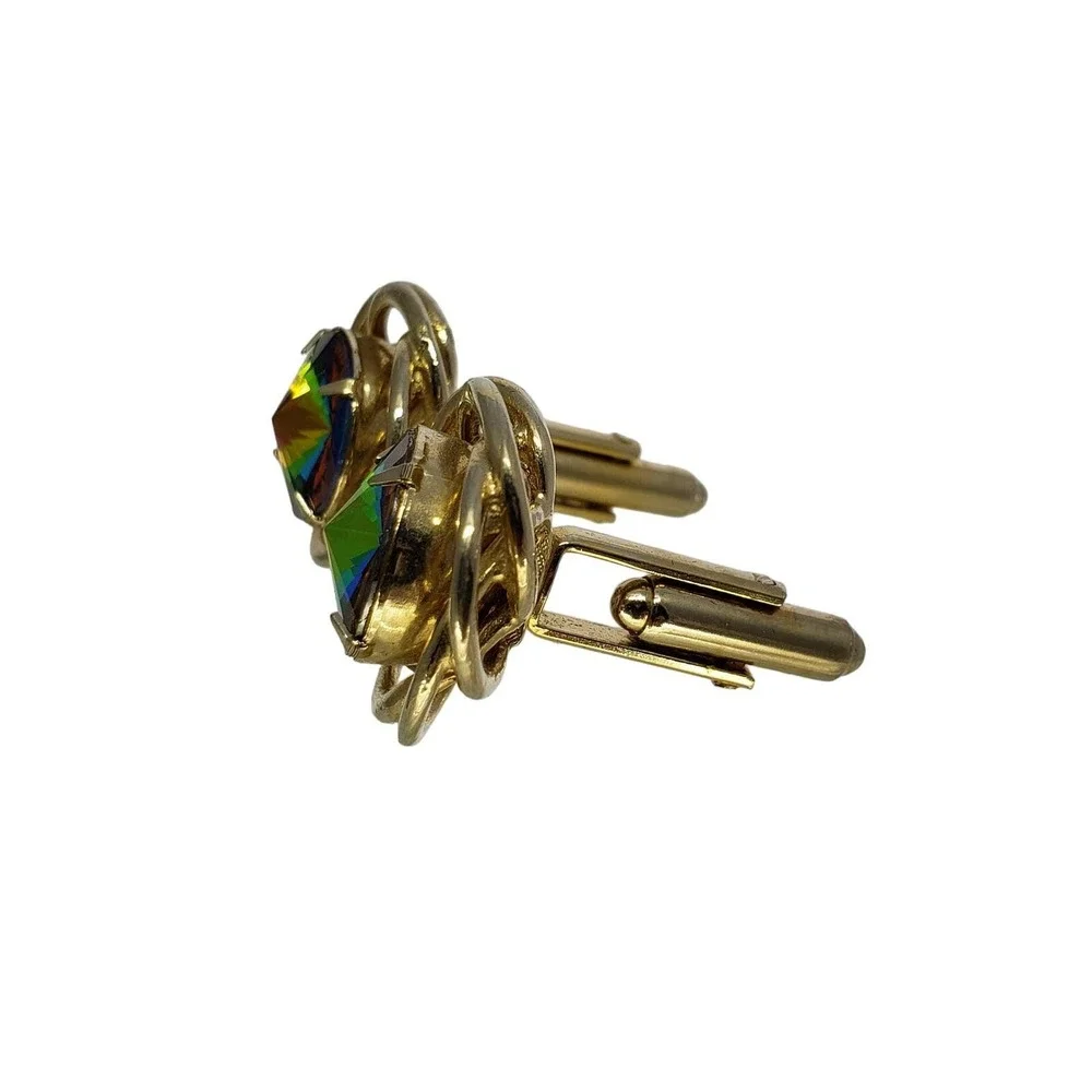 Green Watermelon Rivoli Cufflinks Gold Tone Twisted Vintage Dante Mens 1960s MCM