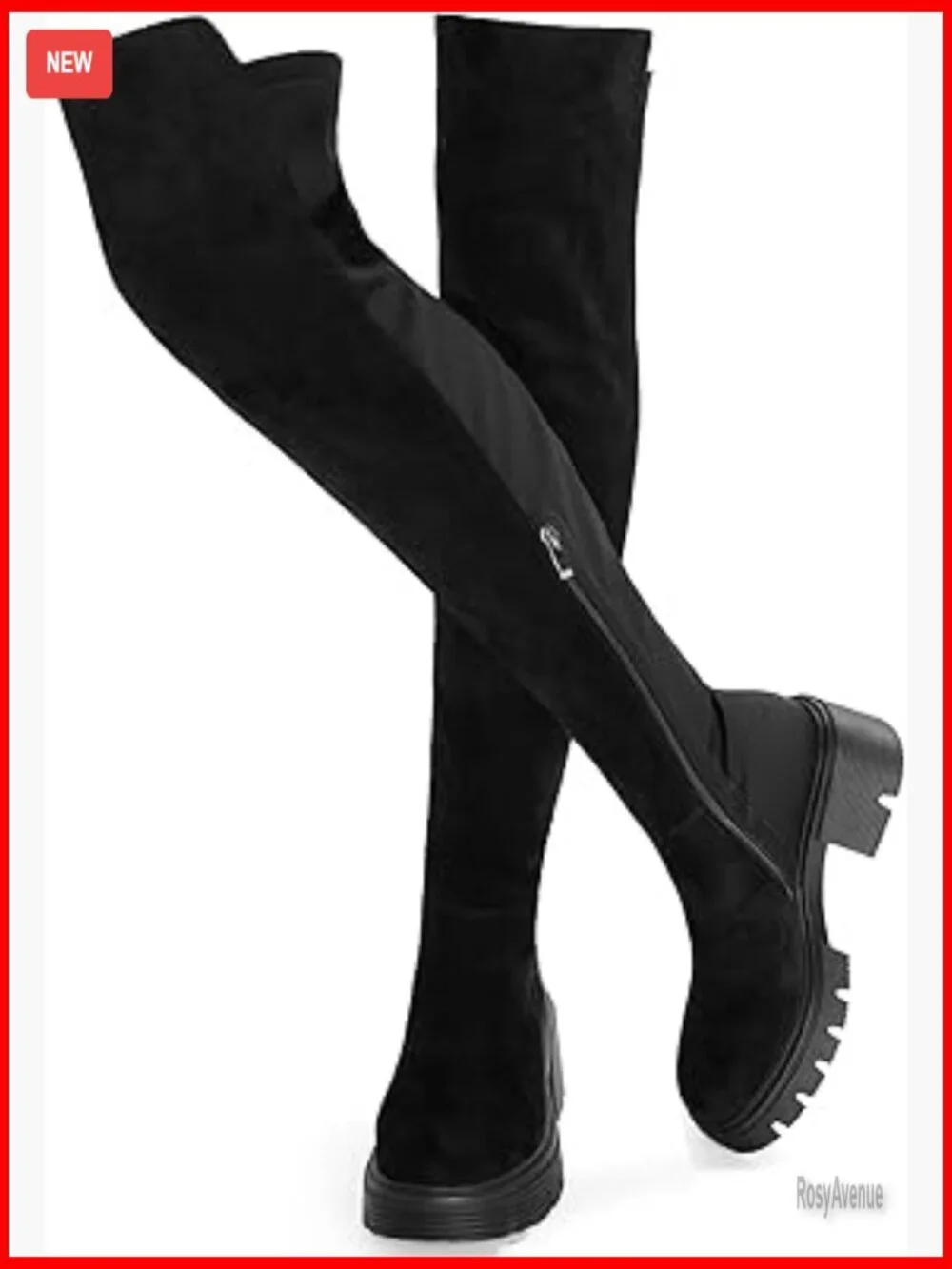 Thigh High Suede Boots Platform Chunky Heel Stretch Zip Over Knee