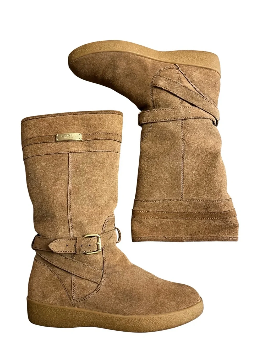 Coach Tallulah Boots Women’s 7 B Brown Suede Shearling Mid Calf Buckle Gold Logo
