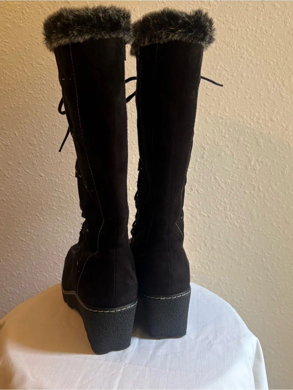 High Sierra Black Faux-Fur Lace-Up Wedge Winter Boots