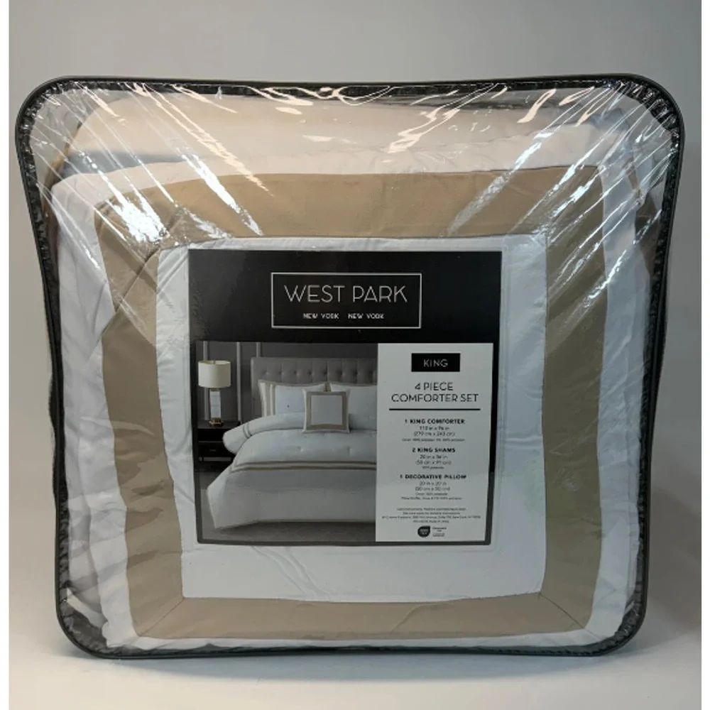 West Park New York Border Pattern White/Taupe King 4-Piece Comforter Set