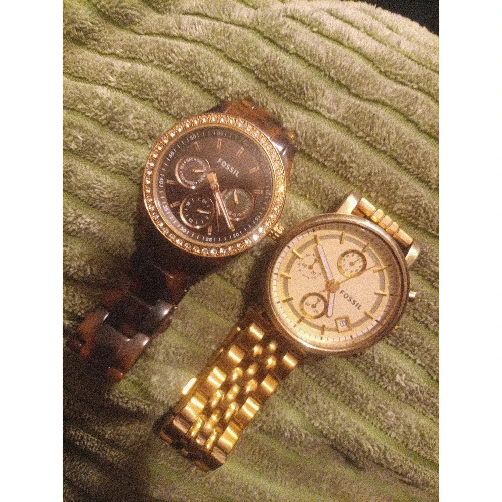 Lot of 2 Women's Fossil Watches Gold Chronograph ES2197 & Tortoise Shell ES2795