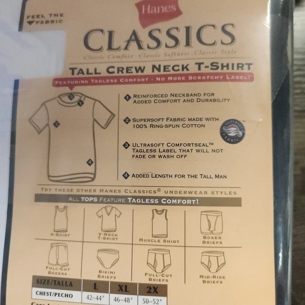 Vintage‎ Hanes 2 PK Classics Crew Neck Shirts Mens 2X (50-52) Cotton Tagless NEW
