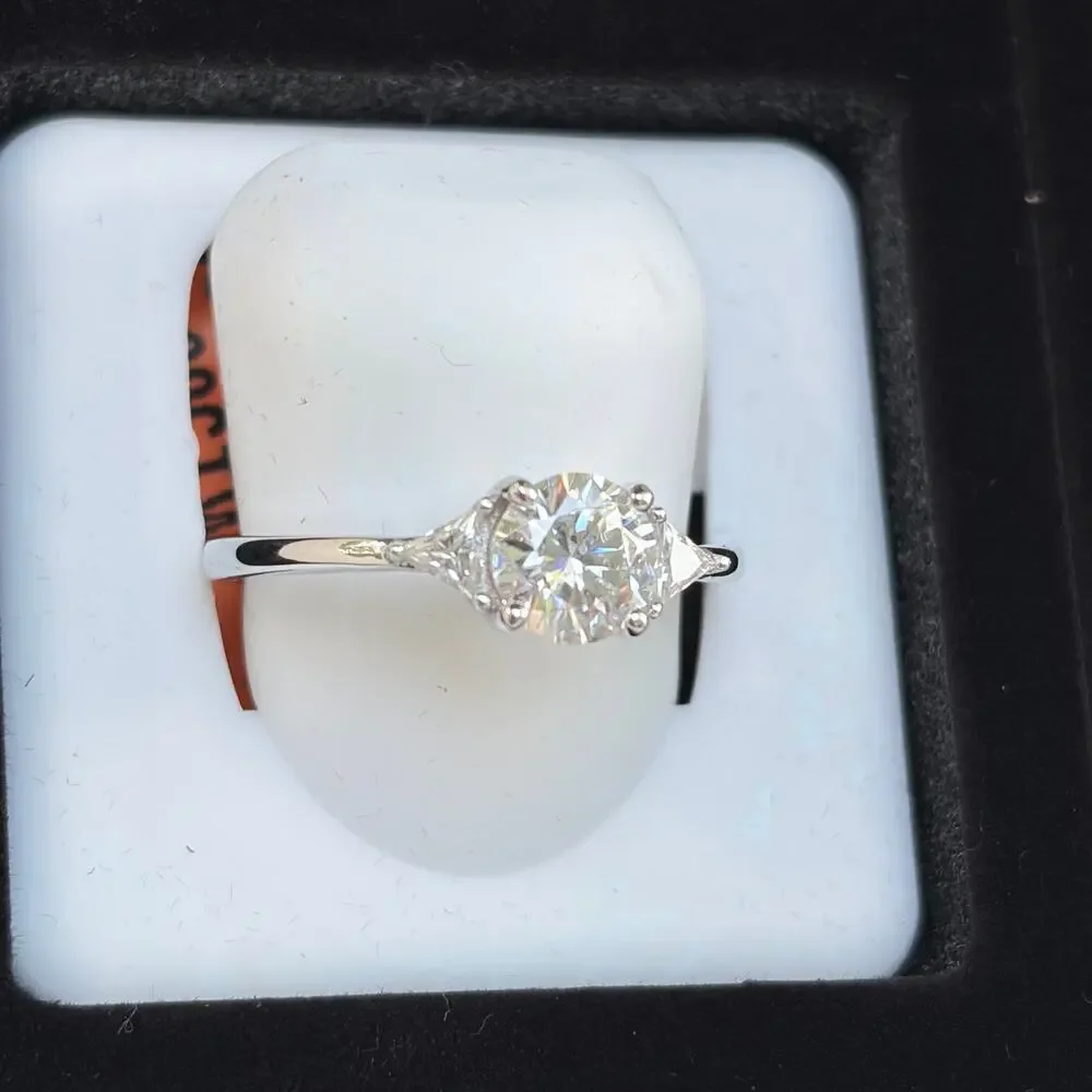 Moissanite 3 Stone Ring w/ Trillion Accents 925 Sterling Silver Size 7 NIB