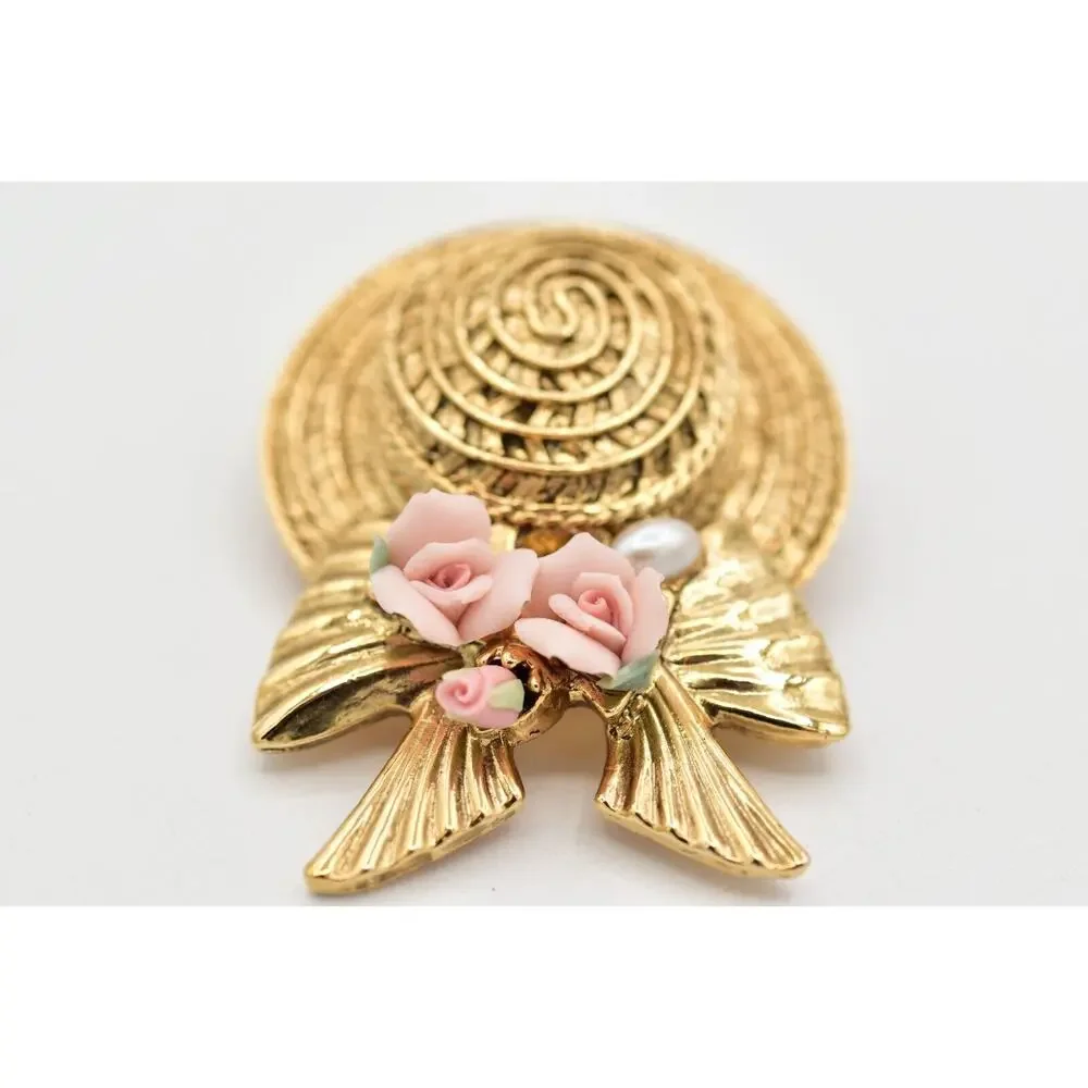1928 Vintage Sun Hat Brooch Pin Pearl Pink Rose Bow Gold Chunky 1980s BinBK
