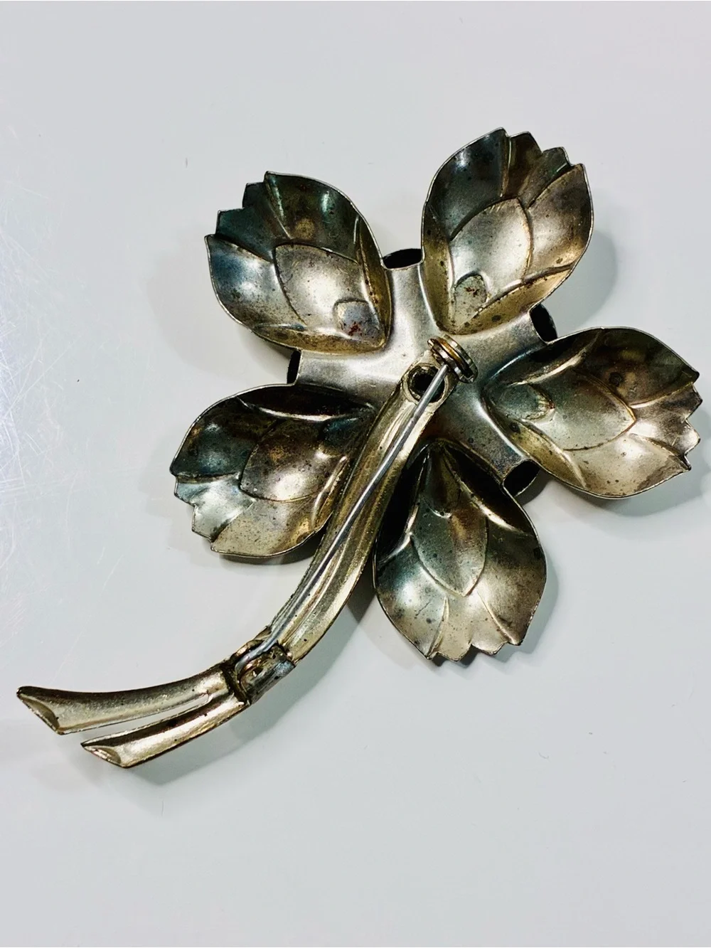 Vintage Estate Heirloom Flower Brooch with Green Glass Center