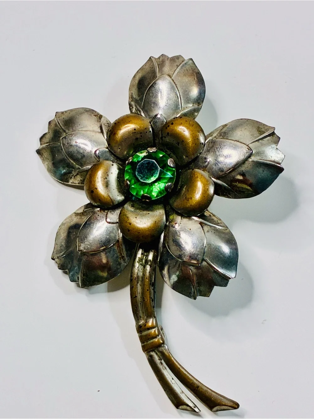Vintage Estate Heirloom Flower Brooch with Green Glass Center