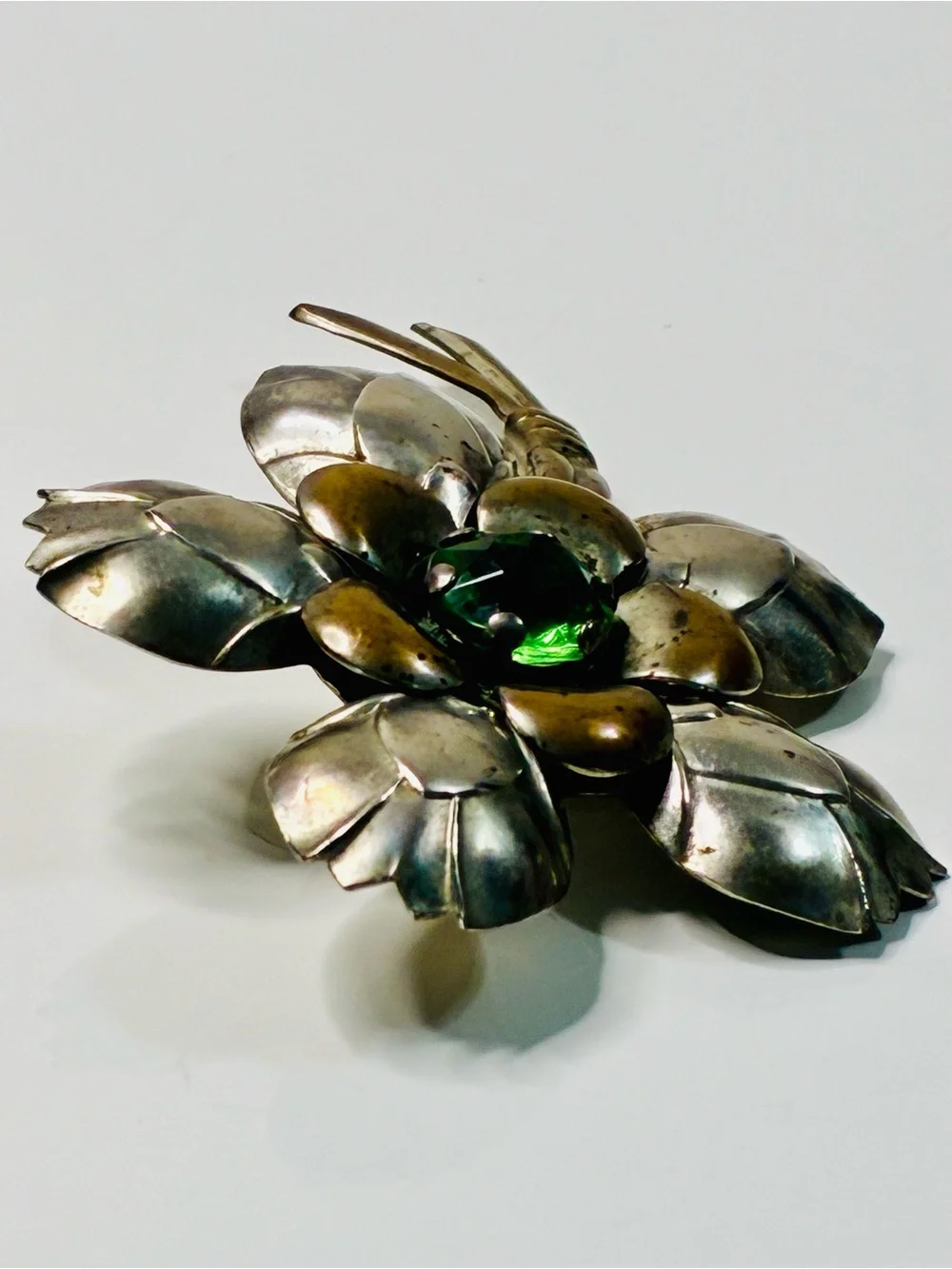 Vintage Estate Heirloom Flower Brooch with Green Glass Center