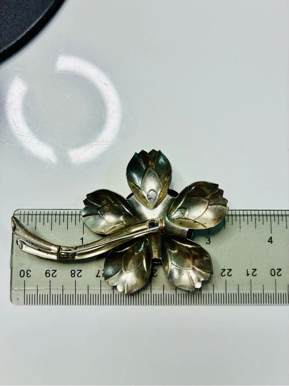 Vintage Estate Heirloom Flower Brooch with Green Glass Center