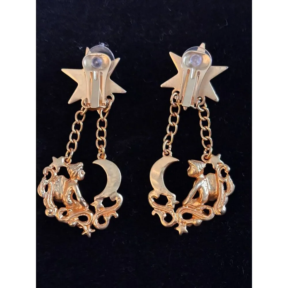 VTG Kirks Folly Gold-Tone Celestial Cherub Moon & Star Dangle Earrings
