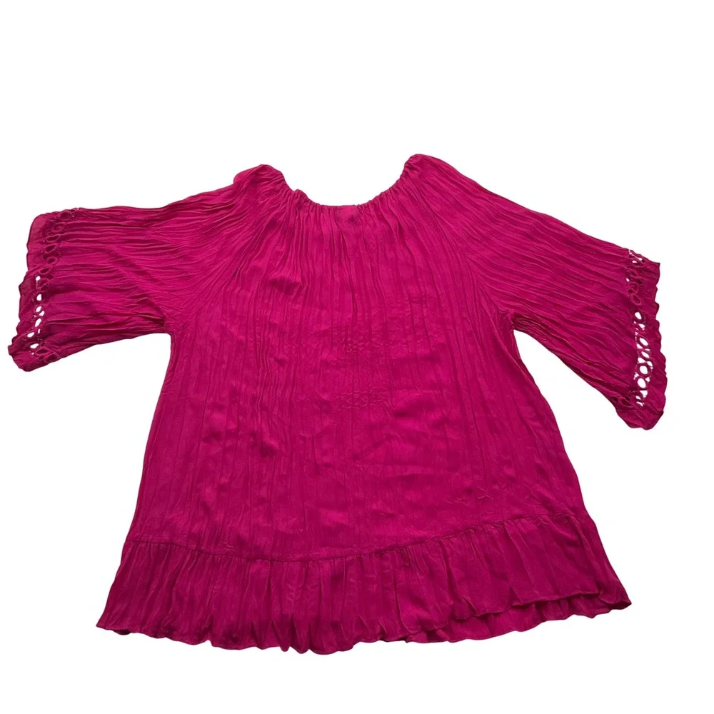 Catherines Peasant Top Womens 2X Magenta Crinkle Eyelet Lace Boho Blouse