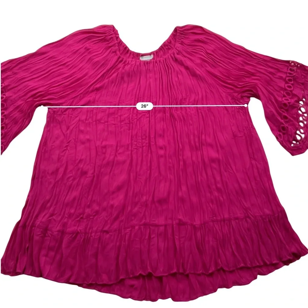 Catherines Peasant Top Womens 2X Magenta Crinkle Eyelet Lace Boho Blouse