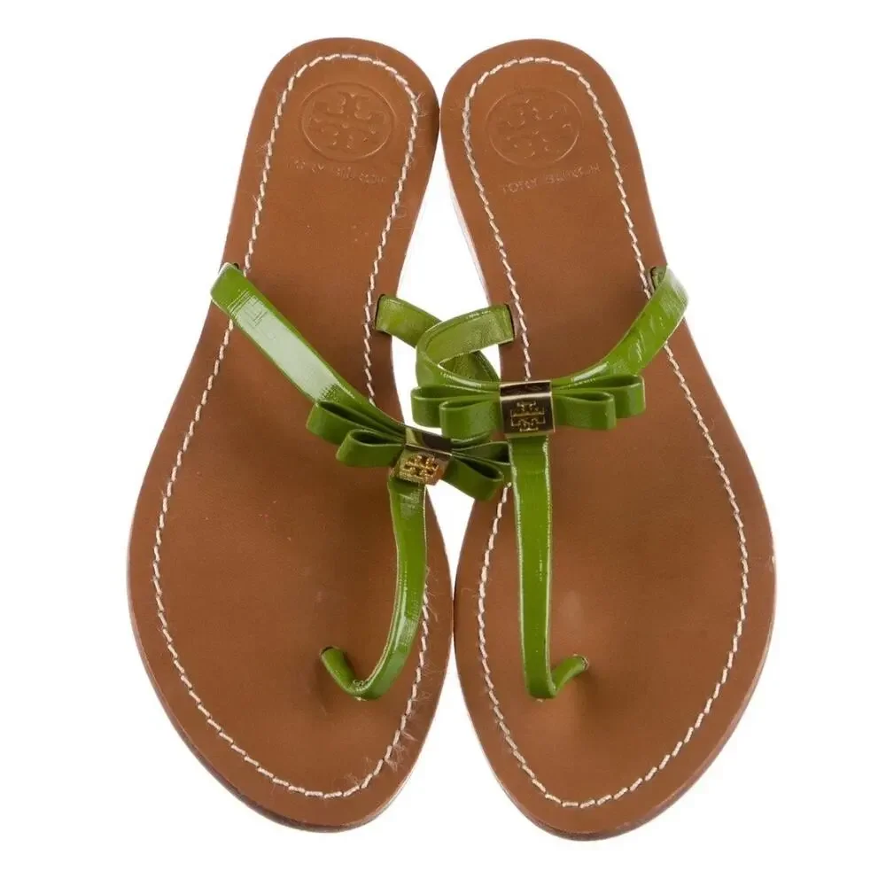 Tory Burch Green Patent Leather Bow T-Strap Flat Sandals 10