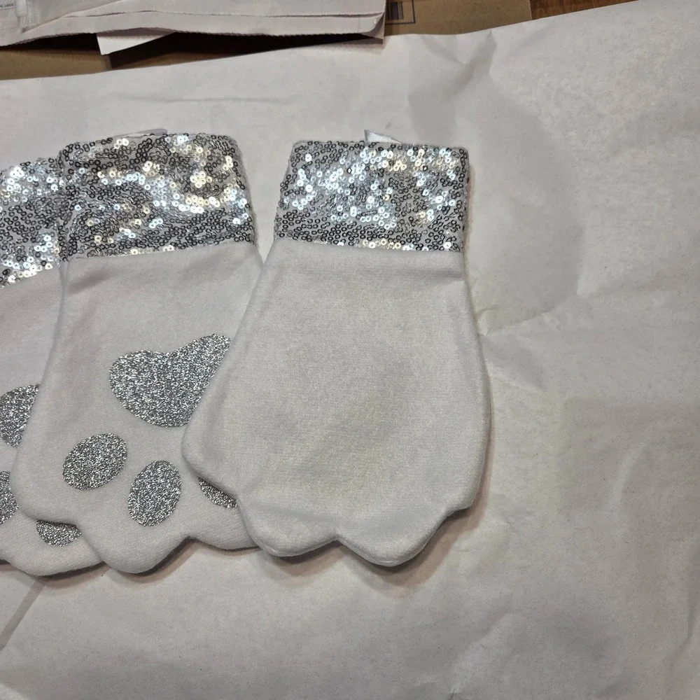 3-Pet StockingsSparkle Sequin Paw Print Mittens‎ White Silver Cute Holiday Gift