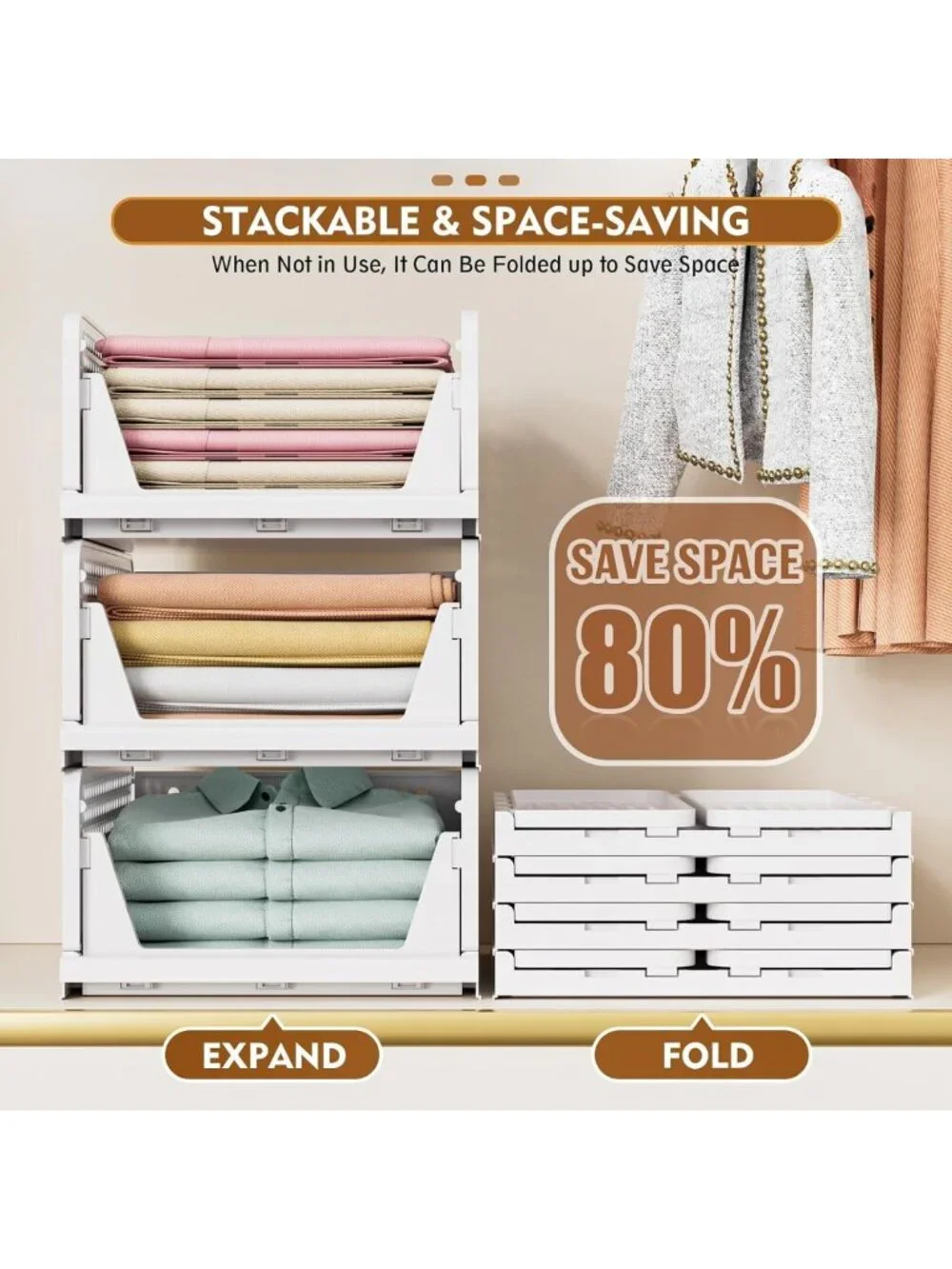 5 Pack Stackable Foldable Closet Organizers & Storage Bins - Space-Saving