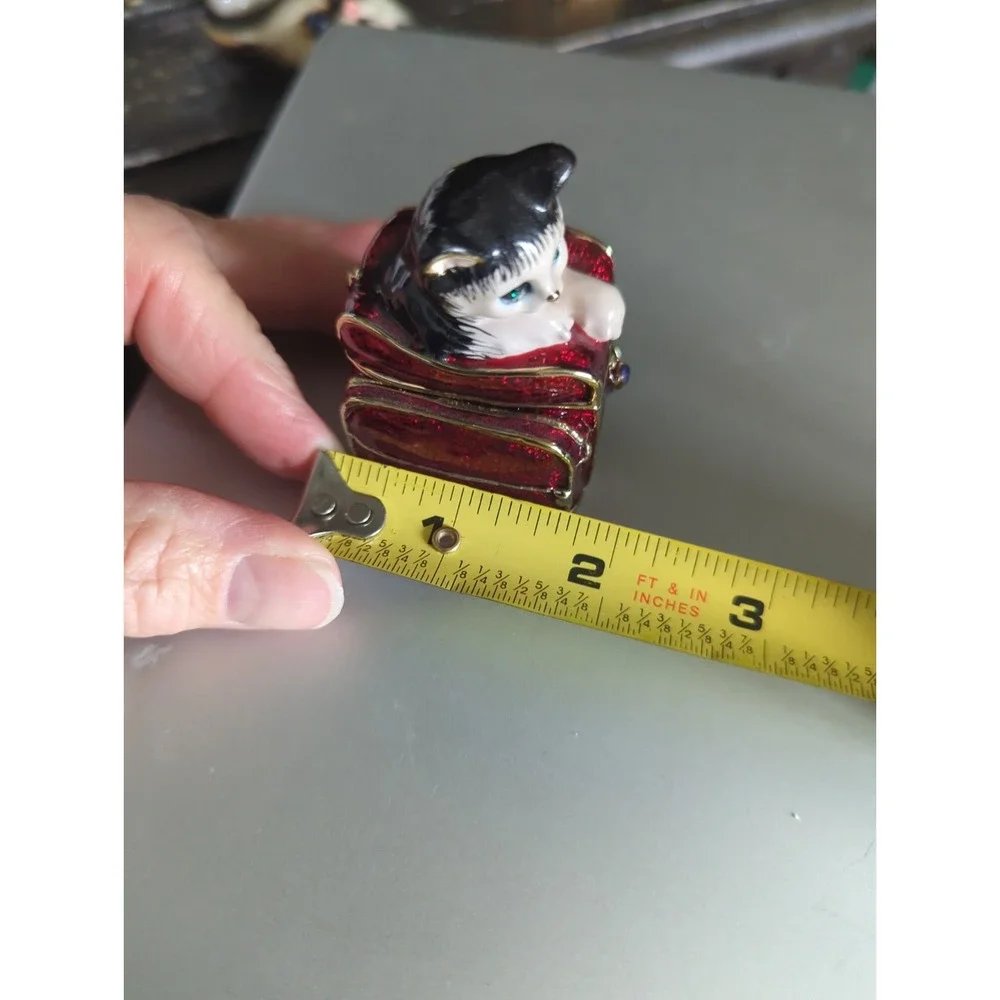 Tuxedo Cat Kitten in Luggage Trinket Box Enameled with Jewel Green Eyes