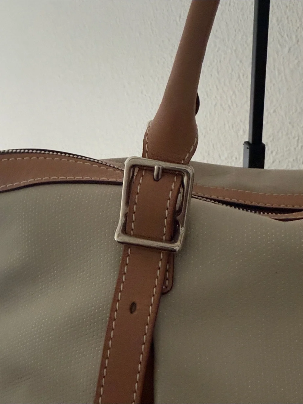 VINTAGE TOUS Beige Tote with Tan Leather Trim Shoulder Strap & Dust Bag.