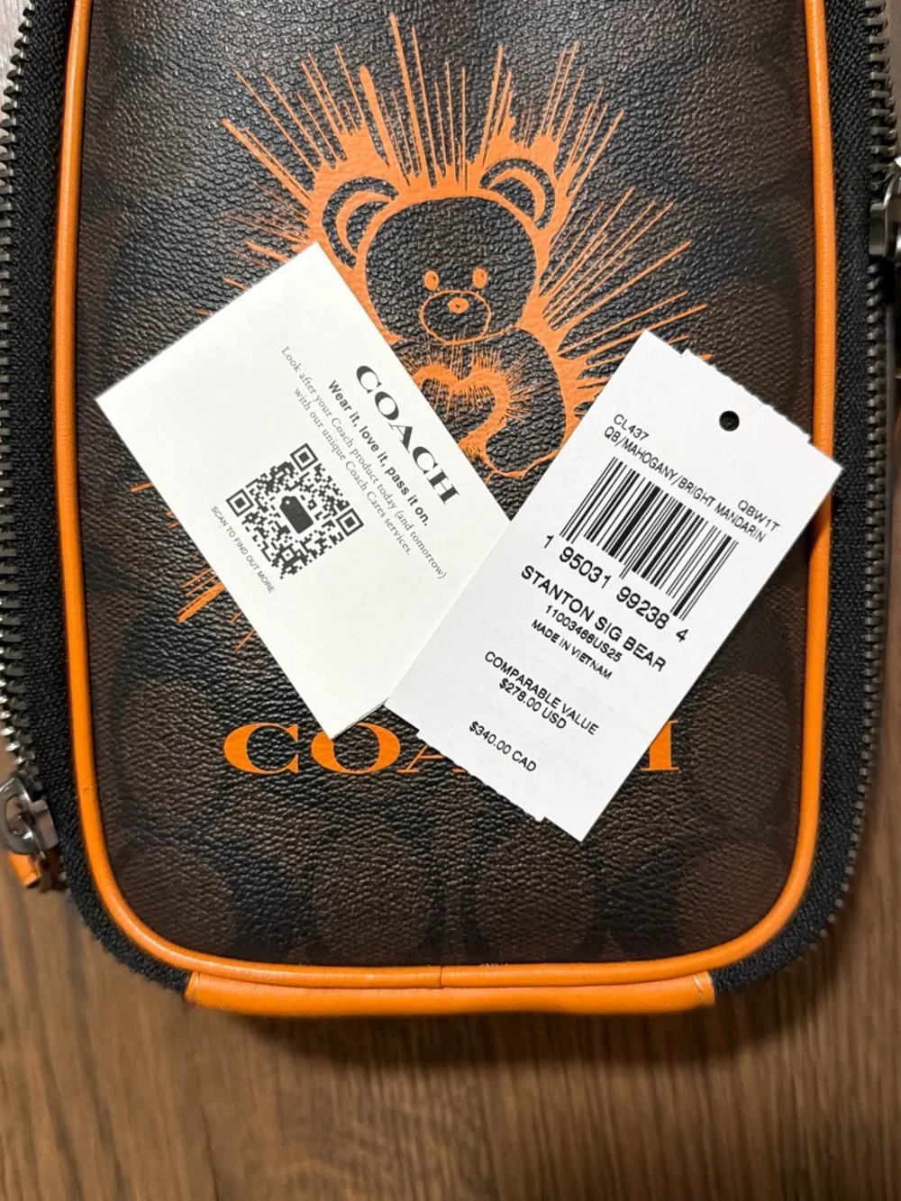 Coach Brown Leather Crossbody Pouch with Orange Trim