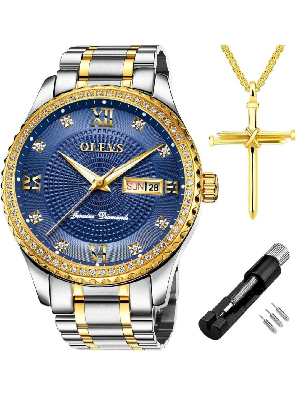 Mens Silver Blue Diamond Stainless Steel Waterproof Luminous Analog Luxury Watch