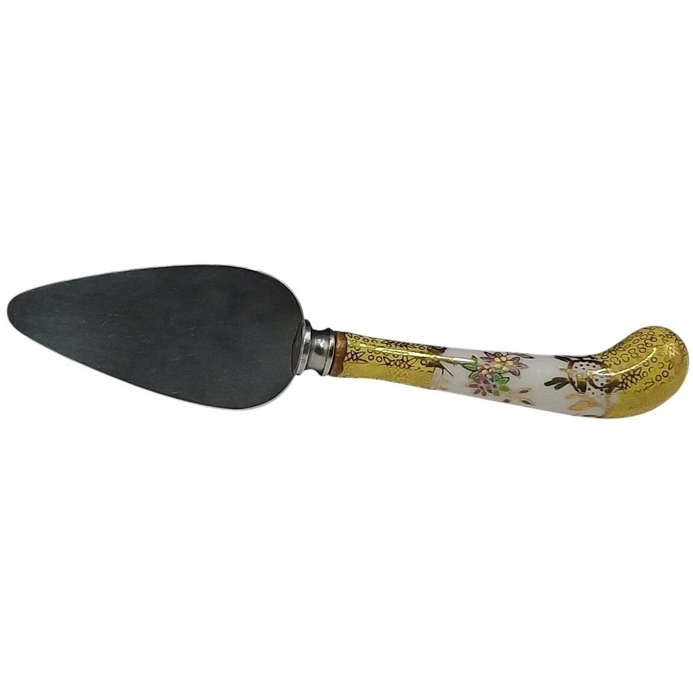 Vintage Prill Sheffield Floral Spatula Cake Pie Hand Painted Enamel Yellow Small