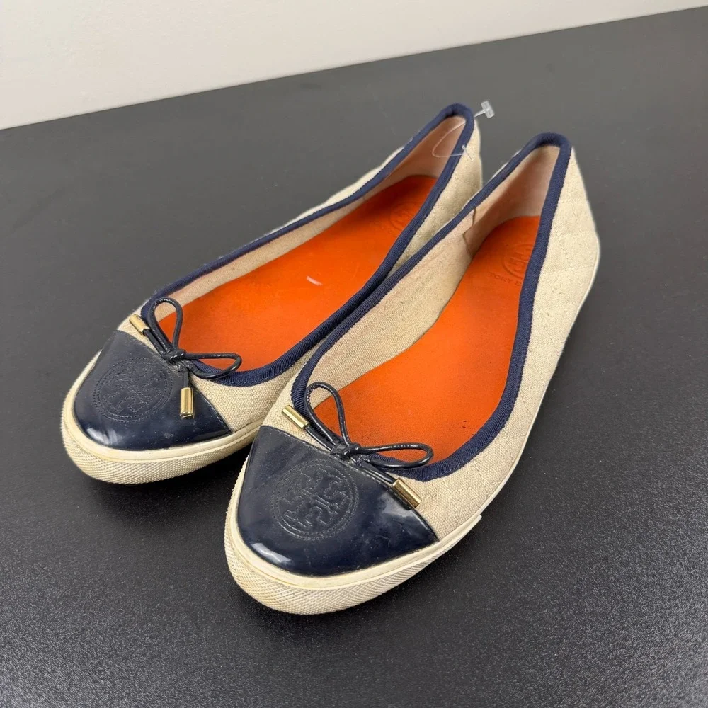 Tory Burch Ballet Flats Women's 10B Beige Blue Cap Toe Slip-On Career Casual