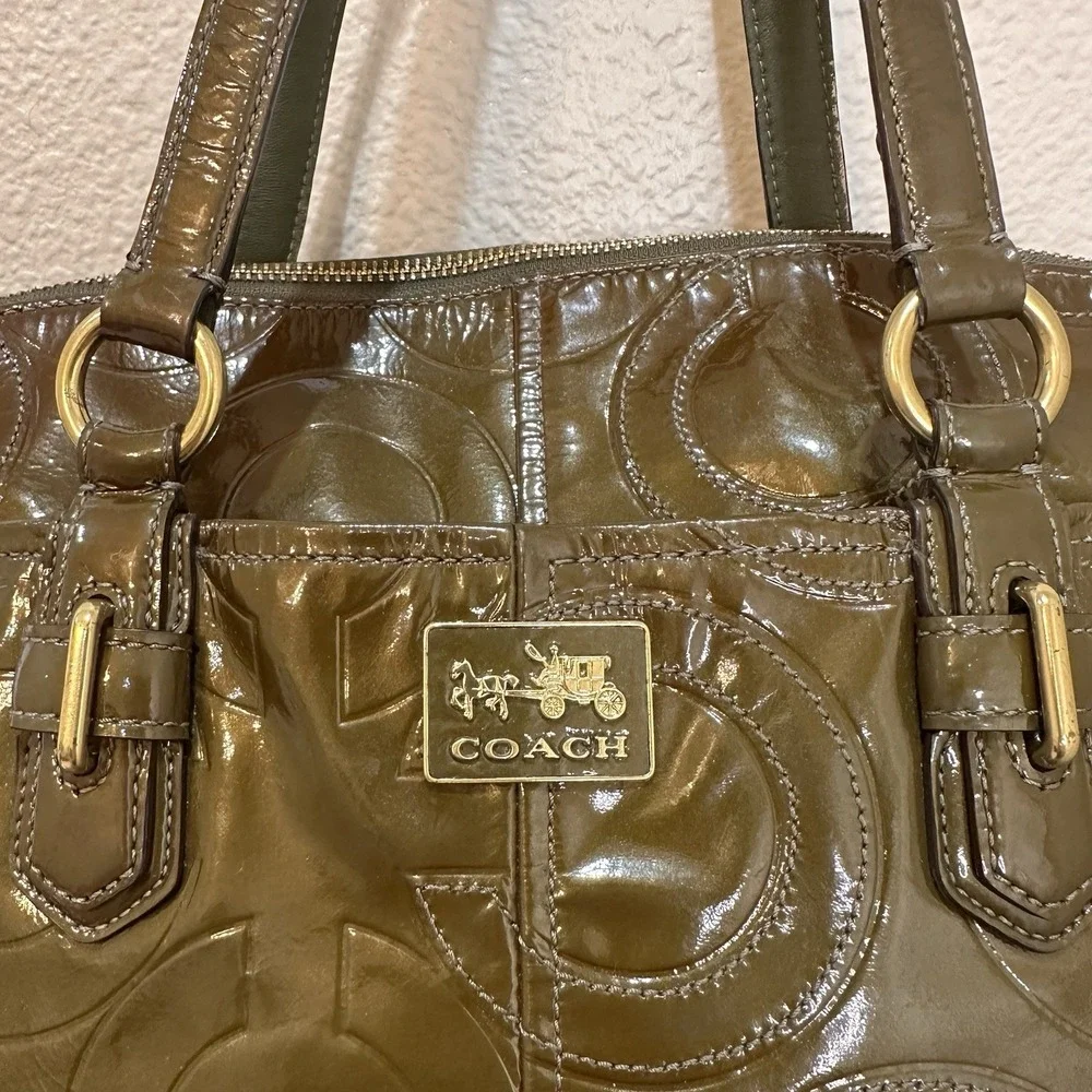 Coach Olive Green Op Art Embossed Patent Leather Madison Satchel Tote Bag