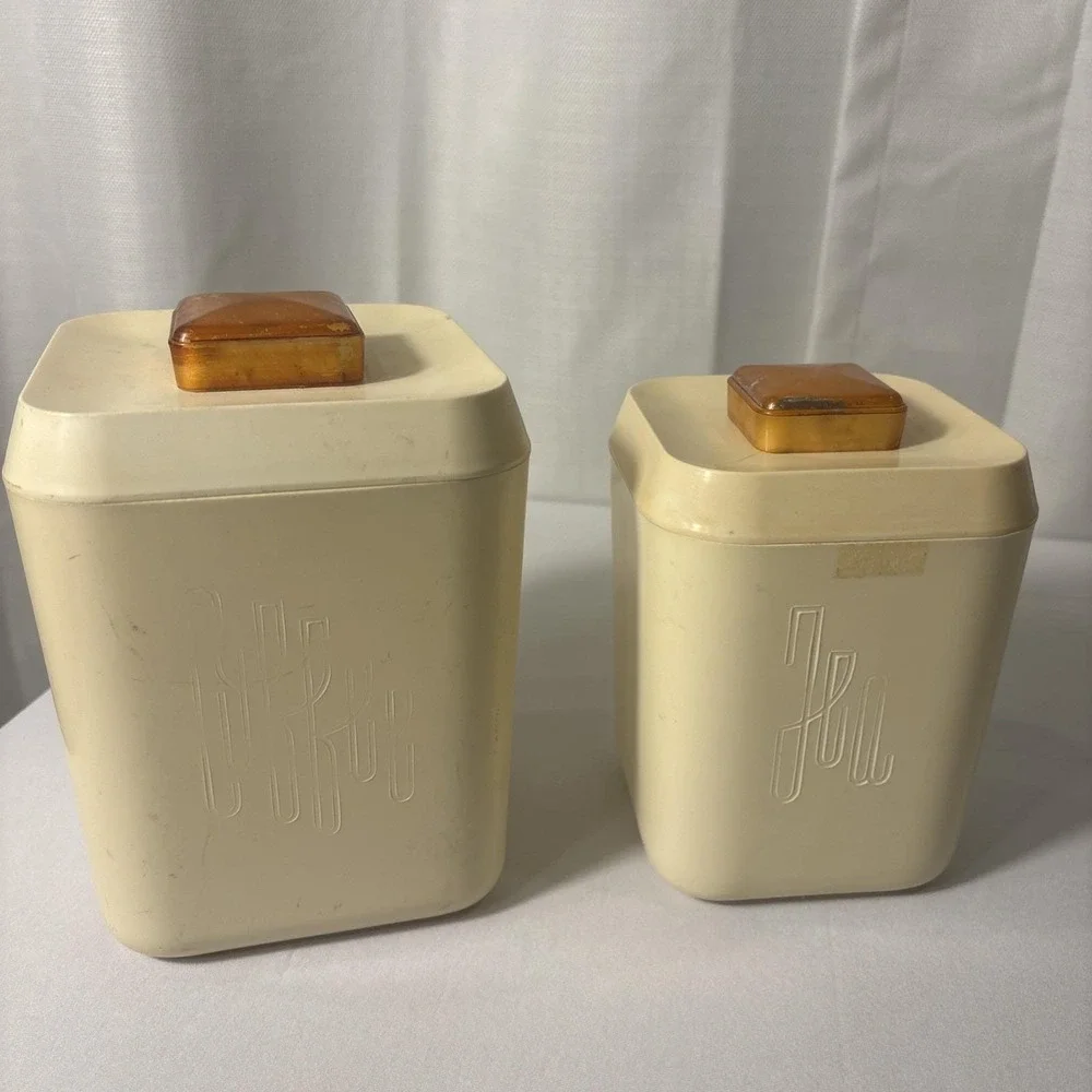 VTG 50's Lustro Ware Cream Plastic Kitchen Canister Set of 2 Tea Coffee Bakelite