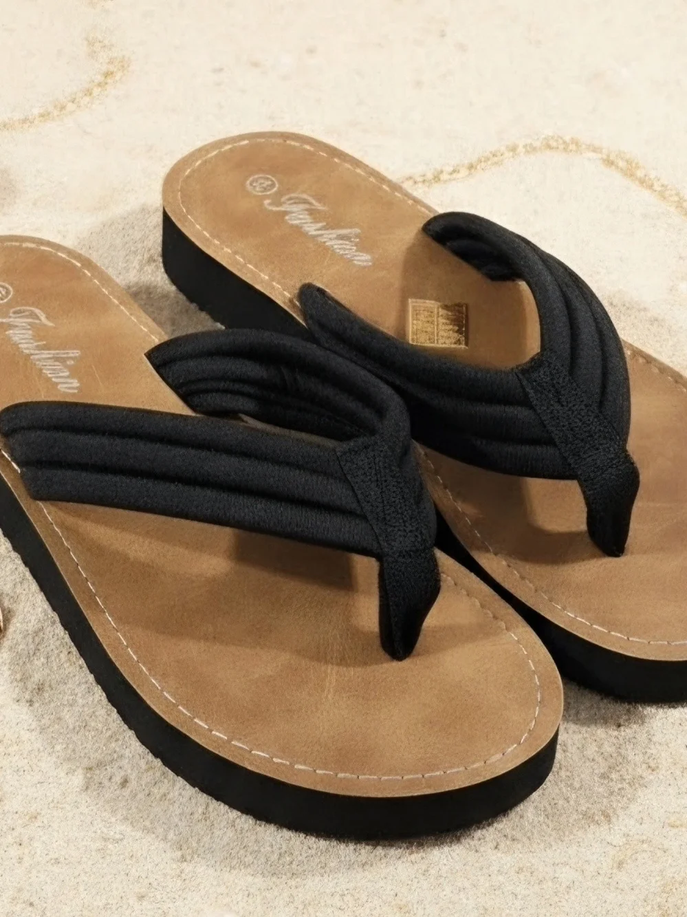 Fashion Forms Black Thong Sandals with Tan Footbed
