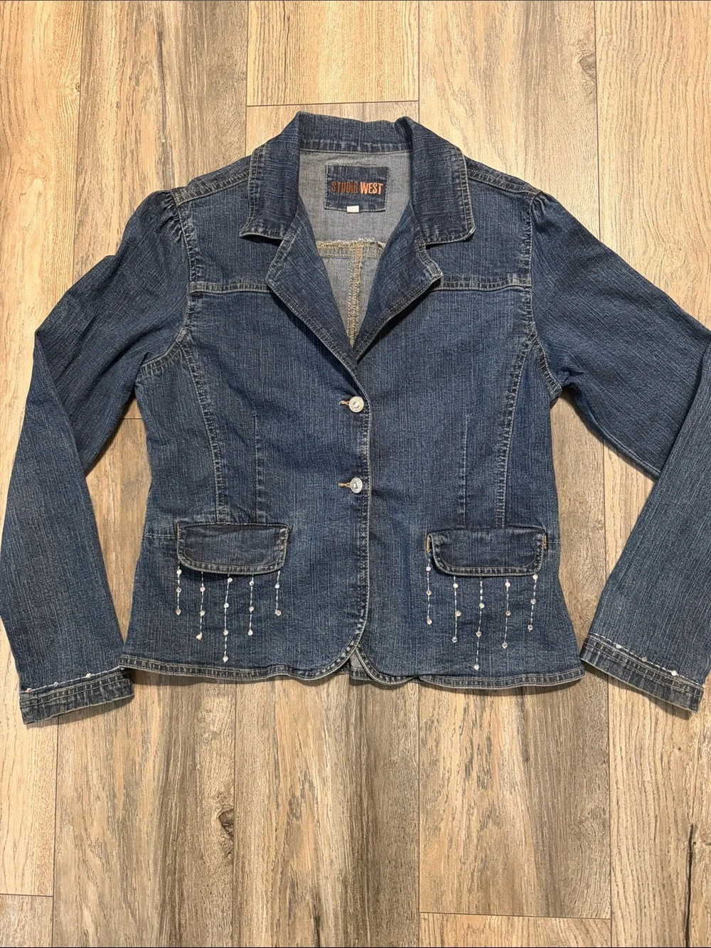 Studio West Dark Blue Denim Jacket with Beaded Pocket Fringe