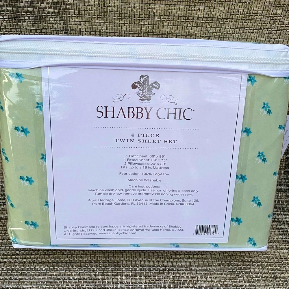 Shabby Chic Blue Floral Green Polyester TWIN Sheet Set 4pc