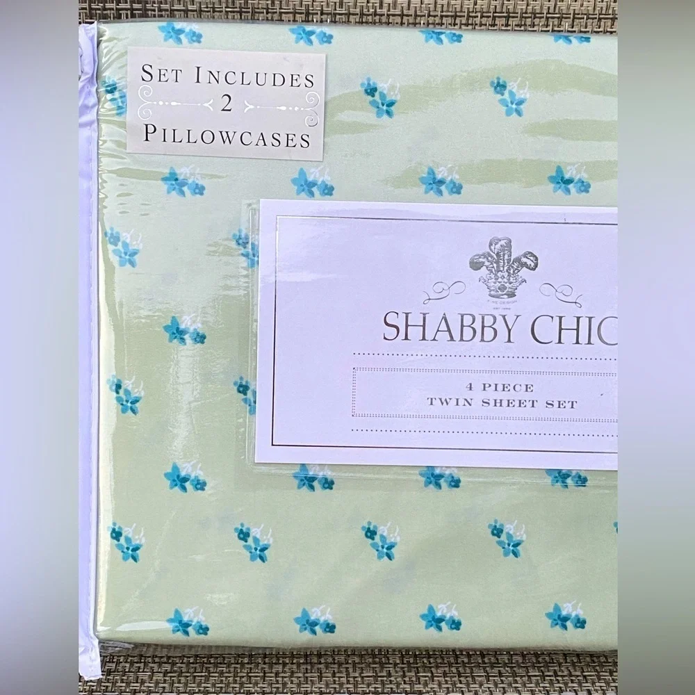 Shabby Chic Blue Floral Green Polyester TWIN Sheet Set 4pc