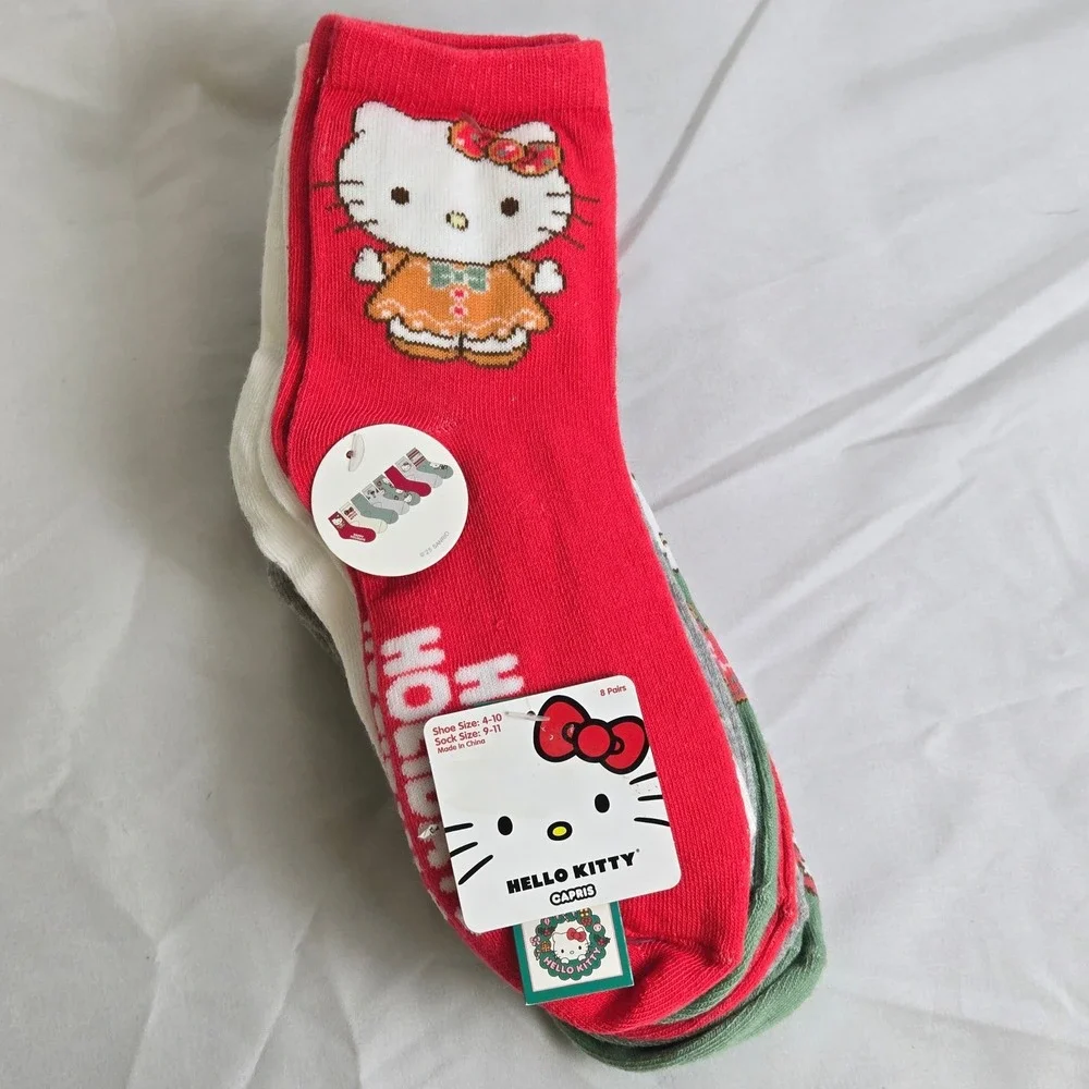Sanrio Hello Kitty 8 Pairs Holiday‎ Capris Socks, Size Shoe:4-10 Sock:9-11, New