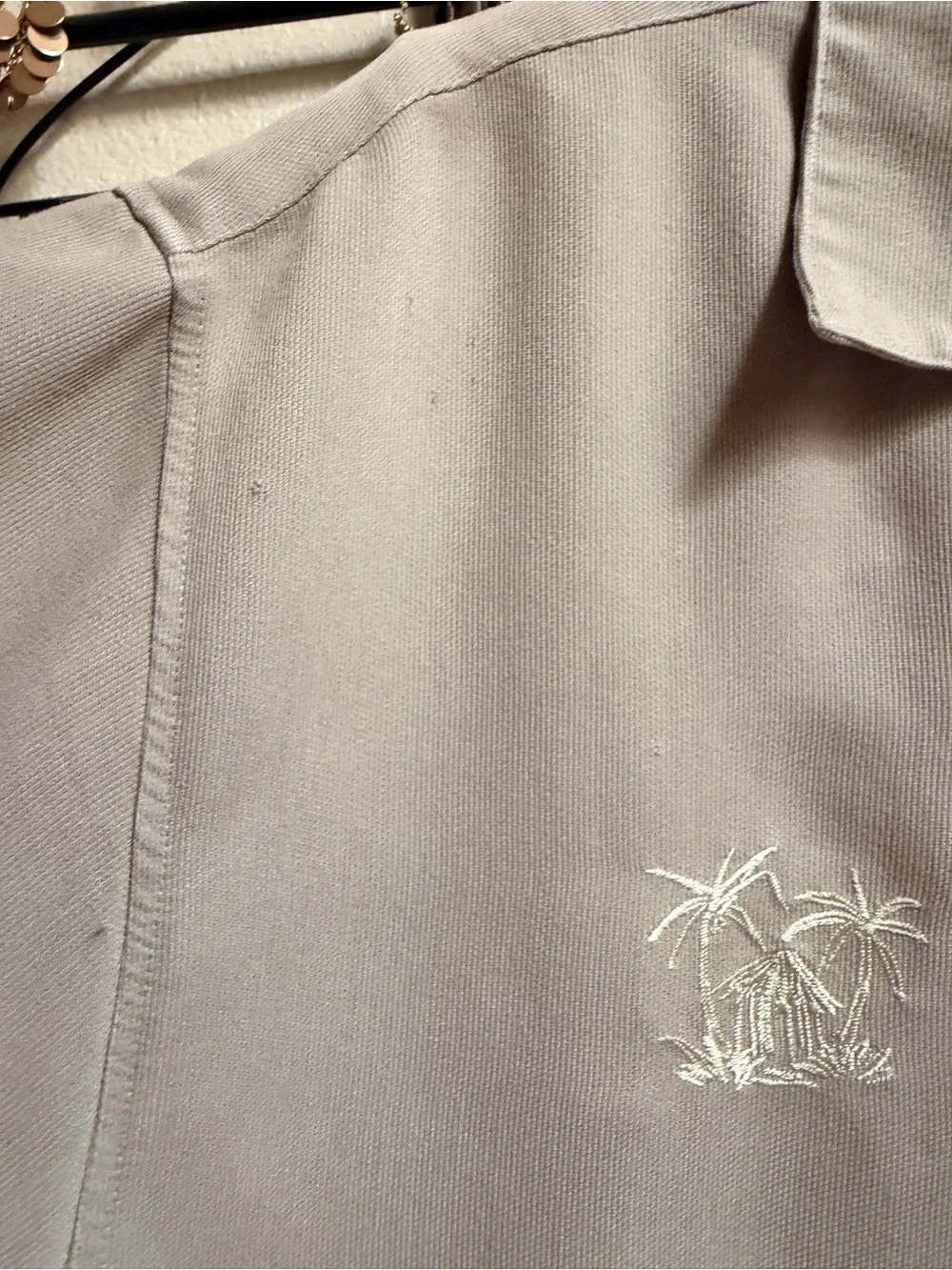 Cubavera Beige Short-Sleeve Camp Shirt with Embroidered Palm Motifs